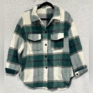 Green and White Plaid Button-Up Shirt for Women